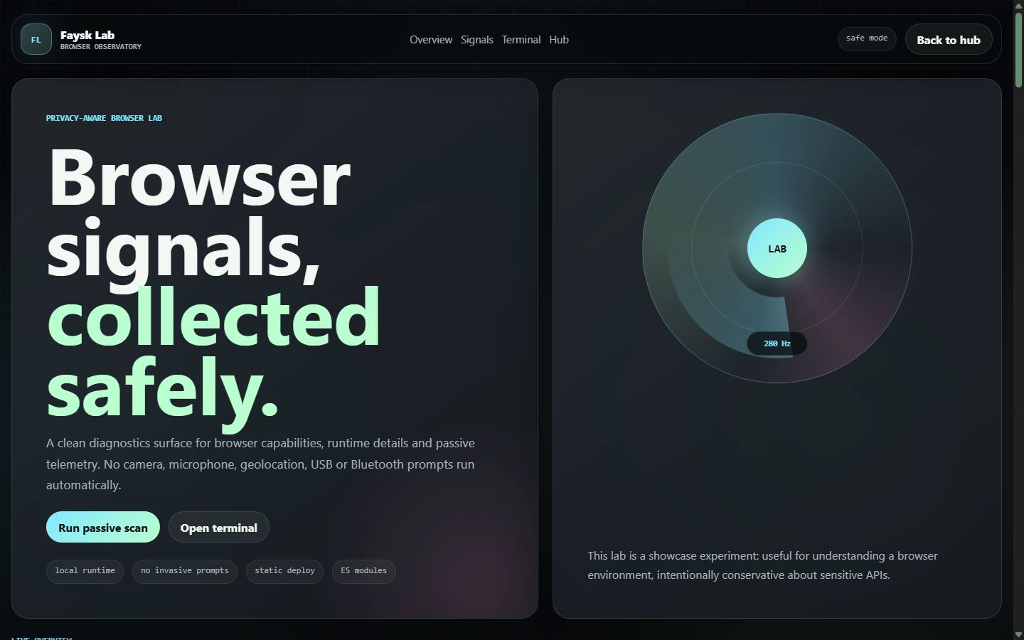 Browser Telemetry Lab privacy-aware diagnostics interface