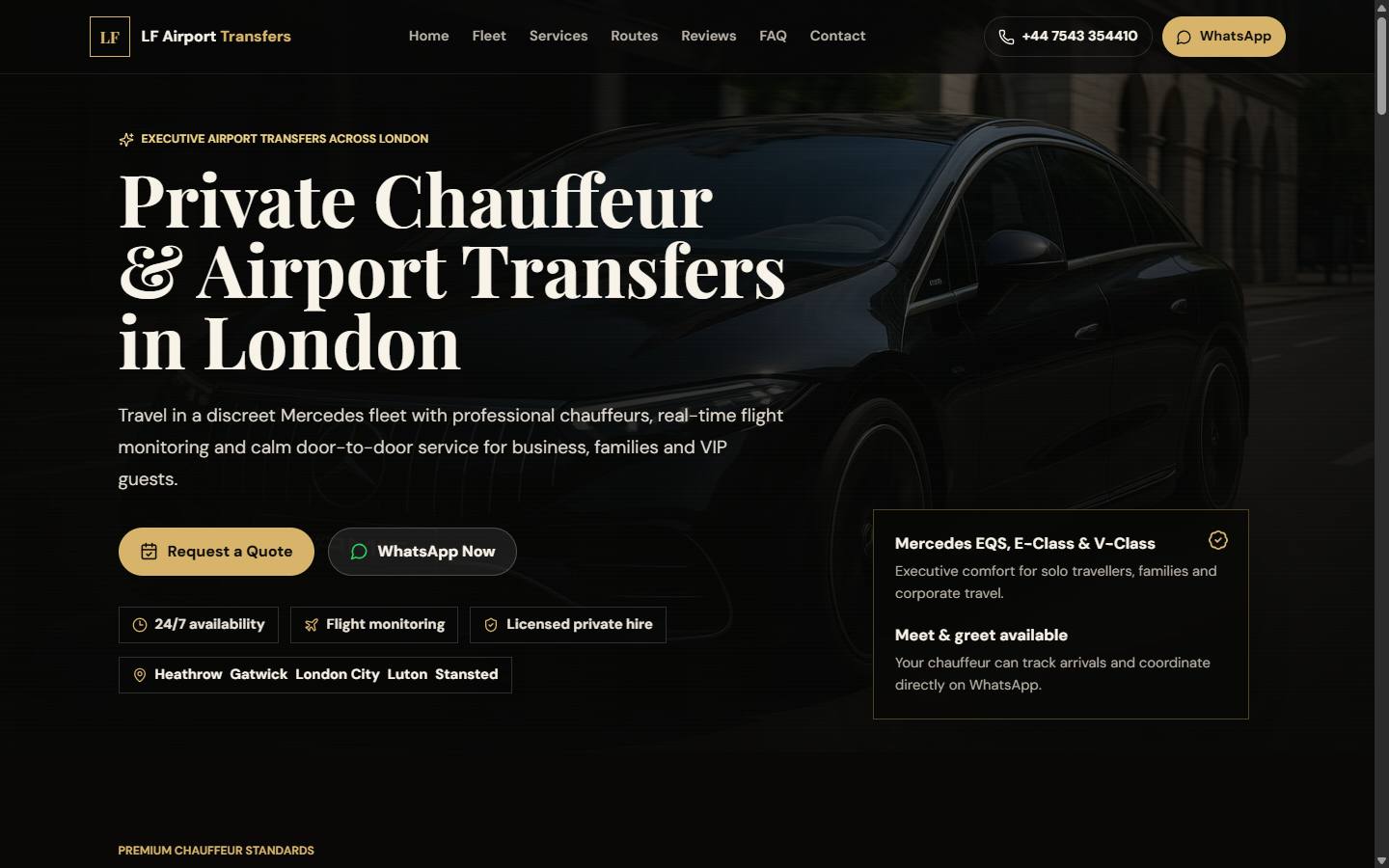 LF Airport Transfers homepage showing its London chauffeur service